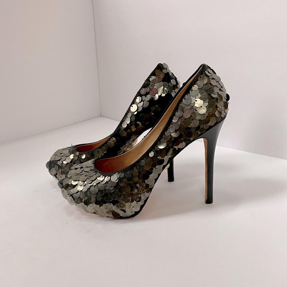 L.A.M.B Peep Toe Sequin Heels